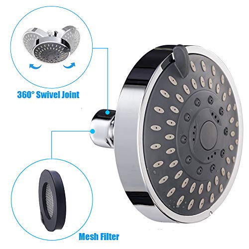 Kaxich Shower Head 4 Inch Rainfall High Pressure Showerhead 5 Spray Settings with Adjustable Metal Swivel Ball Joint, Fixed Mount