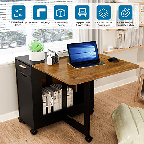 HSSZXFR Folding Dining Table with 2 Chairs, Space Saving Dining Table Folding Dining Table with Storage Drawer Drop Leaf Table Extension Dinner T