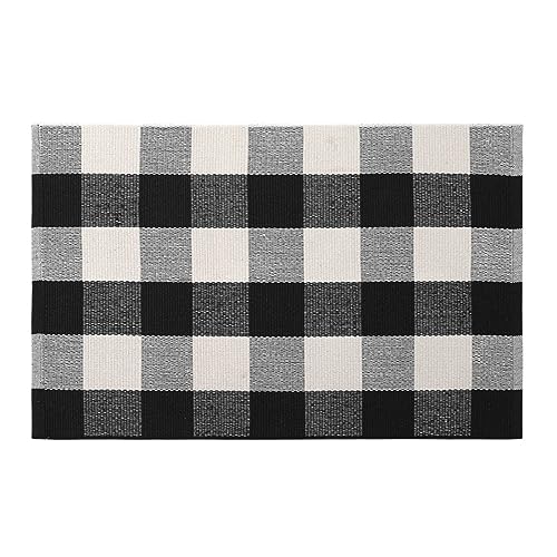 LEEVAN Outdoor Rug 5x7 Black and White Patio Rug, Washable Striped Door Mat Farmhouse Black Front Door Mat, Cotton Reversible Balcony Decor, Dura