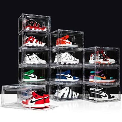 AOHMPT 12 Pack Shoe Box,Drop Front Shoe Box,Clear Plastic Stackable Sneaker Box,Shoe Containers,Acrylic Shoe Display Case,Sneaker Storage,Fits Up