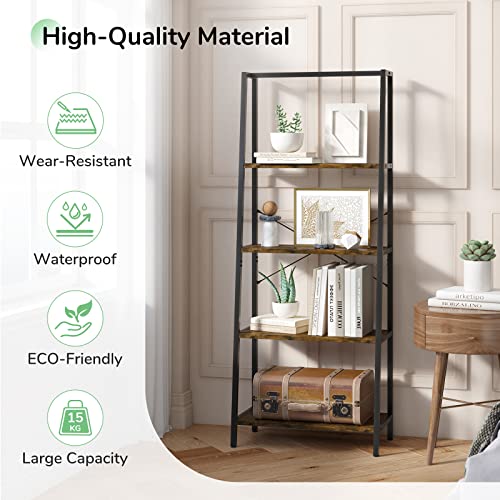 Novilla 4-Tier Large Storage Bookshelf for Living Room, Industrial Ladder Metal Frame Bookcase for Bedroom/Kitchen/Home Office, Adjustable table