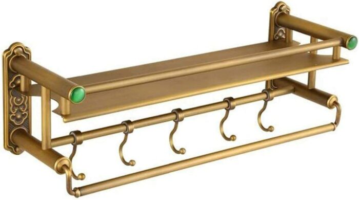 XHALERY Retro Bathroom Shelf Wall Hanging Copper Towel Rack Towel Bar Cosmetic Racks with Hooks/40 * 15 * 16Cm