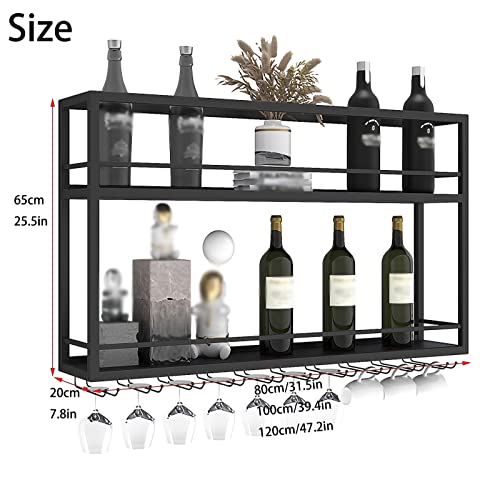 EYLINK Industrial Wall Mounted Wine Racks, Metal Hanging Wine Bottle Holder with Glass Holder, 2-Layer Wood Shelves for Living Room Kitchen Decor