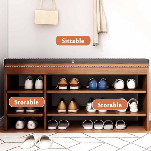 N/A Entryway Bench with PU Leather Cushion Shoe Rack Bench, 2 Tier Storage Shelf, Self-Assembly, for Small Space Entrance Bench with Shoe Storage