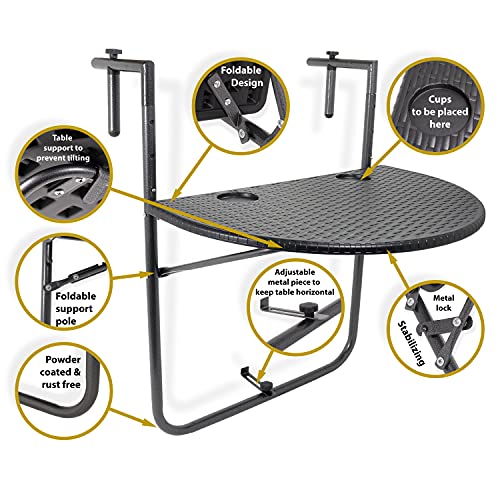 GOLETIO Balcony Hanging Table - Black Rounded Wicker Rattan Railing Table - Adjustable Height, Foldable and Compact, Weather & Rust-Resistant - I