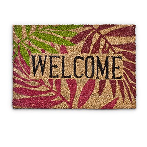 Relaxdays Coconut Fibre PALM LEAVES Doormat 40 x 60 cm Coir Welcome Mat with No-Slip Rubber PVC Underside, Multicolour