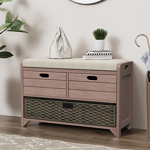 LOVMOR 32" Storage Bench for Entryway, Shoe Bench with Storage Removable Basket and 2 Drawers, Entryway Bench with Shoe Storage, Entryway Storage