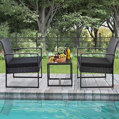 Devoko Rattan Bistro Set 2 Seater 3 Piece Garden Furniture Set Outdoor Patio Furniture with Cushion and 1 Glass Coffee Table for for Balcony, Yar