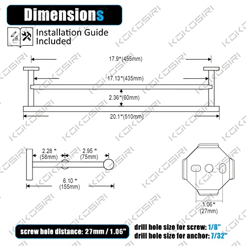KOKOSIRI Towel Bar Bathroom Towel Holder Double Rails for Bath Kitchen Cabinet Towel Shelf 20 Inch Brushed Gold Stainless Steel B5005BG-L20