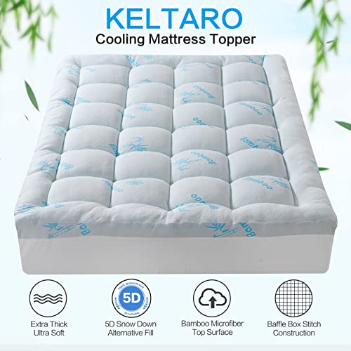 KELTARO Extra Thick Bamboo Mattress Topper Full Size for Double Bed, Cooling Mattress Pad Cover Plush Soft Noiseless Down Alternative Fill,with 8