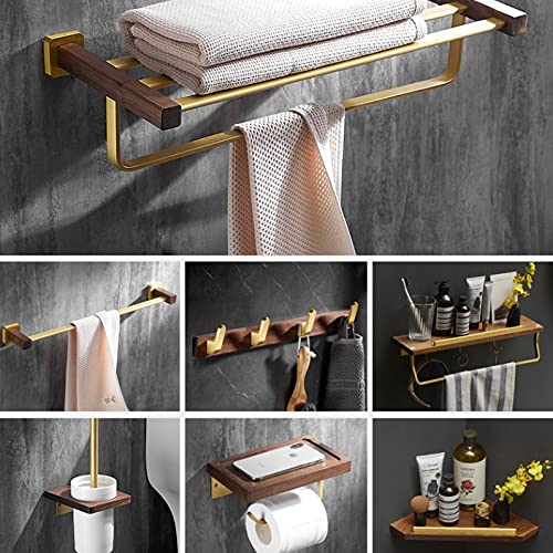 SMLJLQ Solid Wood Walnut Towel Rack Bathroom Towel Rack Bathroom Shelf Brushed Gold Bathroom Hanging Rod Wall Hanging Set