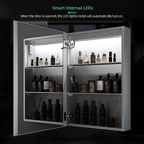 LUMIRRORS® Bathroom Mirror Cabinet with LED Lights Shaver Socket Dimmable Brightness Touch-Switch Demister Adjustable Shelves Aluminium Cabinets