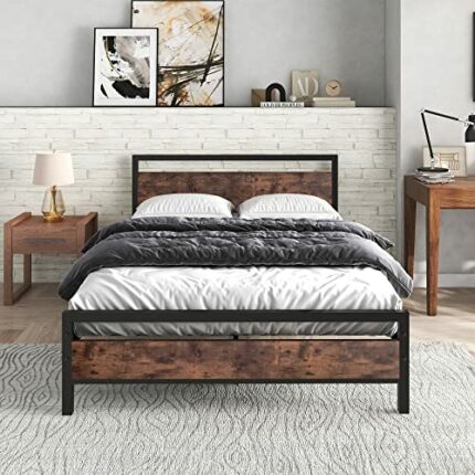 JURMERRY Double Bed Metal Platform Bed Frame with Wooden Headboard and Footboard Heavy Duty Steel Support, Mattress Foundation, No Box Spring Nee
