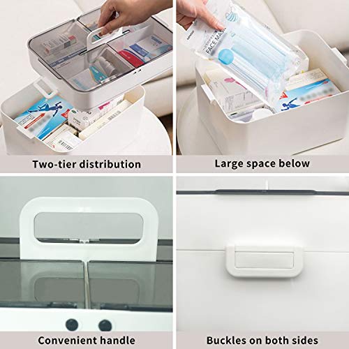 Medical Box Storage Box, First Aid Box, Portable Medicine Container Box, Medicine Tin with Double Layer and 4 Compartments, Home Office Car Schoo
