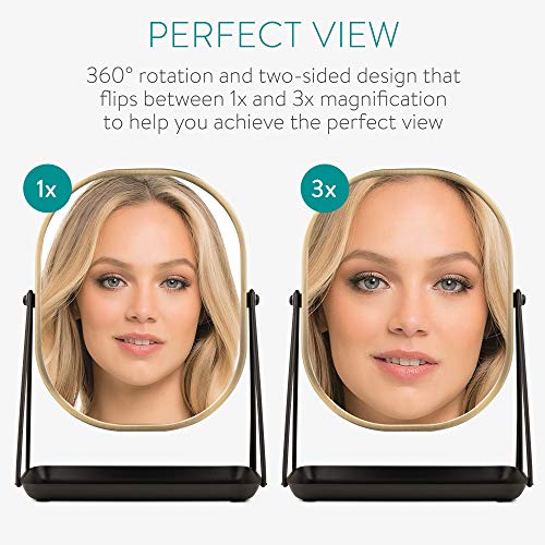 Navaris Magnifying Dressing Table Mirror - Double-Sided 1x/3x Magnification Makeup Mirror with Tray for Tabletop, Bathroom, Bedroom - Black and G