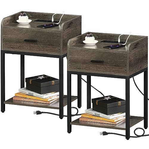 Lerliuo Nightstands Set of 2 with Charging Station and USB Ports, 3-Tier End Side Table with Storage Drawer and Shelf, Modern Bedside Night Stand