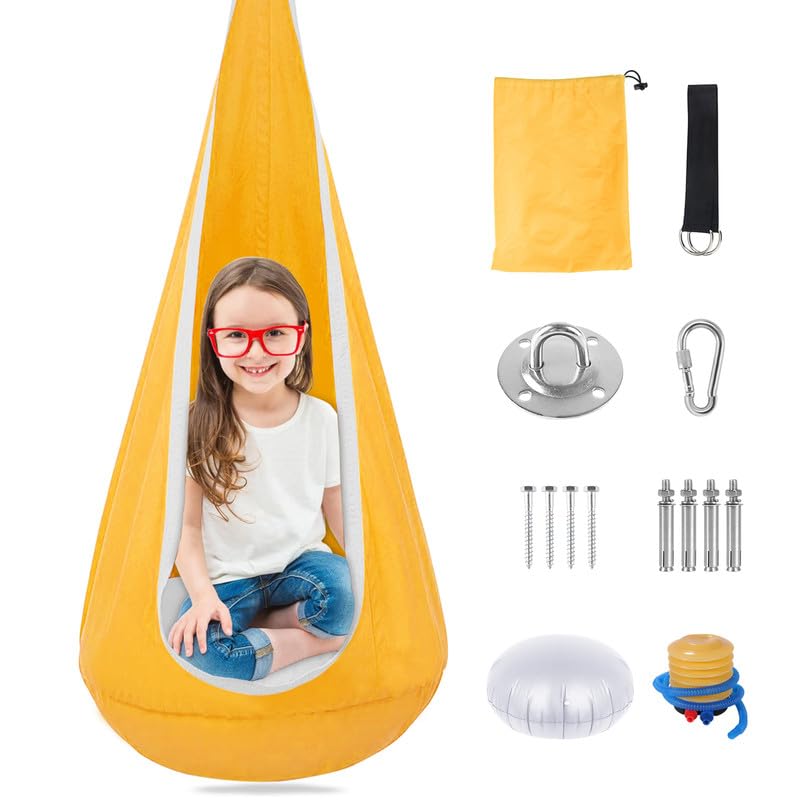 Mingfuxin Kids Pod Swing Seat, 100% Cotton Durable Kids Hanging Hammock Chair Swing Pod Chairs Nook Tent with Removable Inflatable Cushion for In