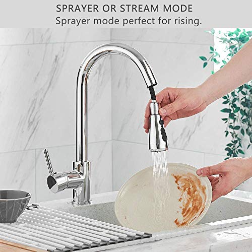 Heable Kitchen Sink Mixer Tap with Pull Down Sprayer Chrome, Single Handle High Arc Pull Out Kitchen Taps, Single Level Solid Brass Kitchen Fauce