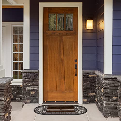Relaxdays Door Mat Cast Iron Doormat with Bristles, Oval with "WELCOME" Lettering, 4 x 65 x 37cm, Art Nouveau Rustic Welcome Mat made of Robust P