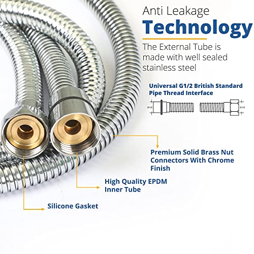 Drawer360 1.75m (69") Shower Hose | Stainless Steel Replacement Universal Fit Shower Pipe Anti-Kink Hose with 4 Washers – Chrome Effect
