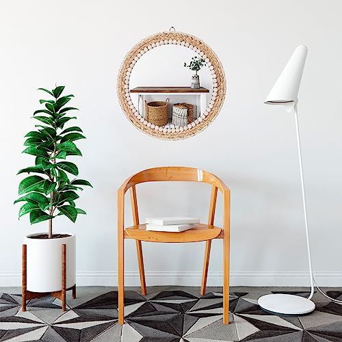 C&Z 15 Inch Boho Round Hanging Wall Mirror Decorative Rattan Circle Wall Mounted Mirror for Farmhouse, Living Room, Bedroom, Bathroom