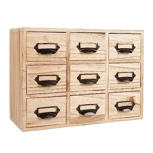 Large Library Card Catalog Cabinet: 9 Drawers Apothecary Cabinet with Metal Handles & Label Slot - Countertop Chest Drawers for Library Card Cata