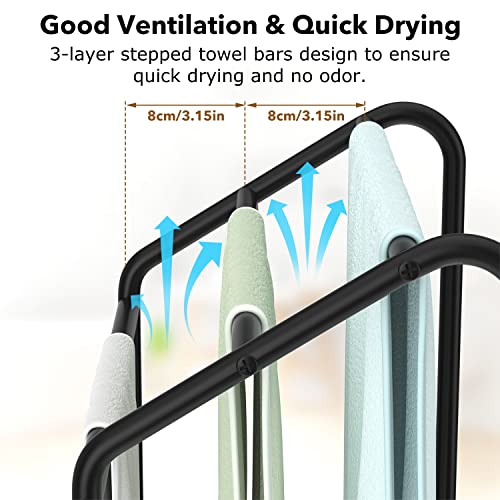 Pickpiff 3 Tier Towel Rail Rack Stand with Storage Platform, Free-standing Metal Towel Drying Shelf, Washcloths Holder, Bathroom Storage Organize