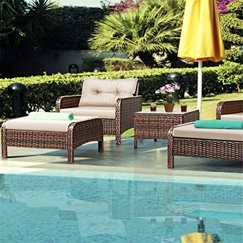 DLOETT 5 PCS Rattan Wicker Furniture Set Sofa Ottoman W/Brown Cushion Patio Garden Yard