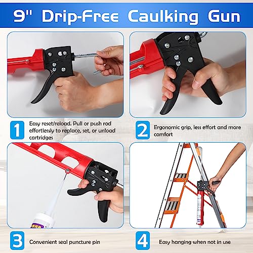 iLitLuk Drip-Free Caulking Gun Ratchet Rod Caulk Gun Applicator 15:1 Thrust Ratio Labor-Saving Lightweight Nylon Frame Cartridge Gun for 10oz/300