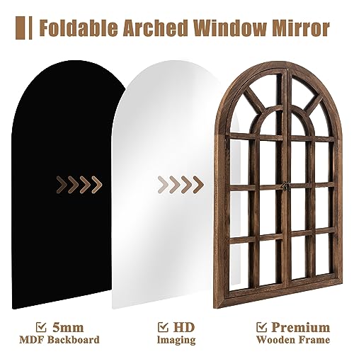 Natsukage 36"x24"Arched Mirror Wall Window Mirror Farmhouse Decorative Mirror for Wall Wood Windowpane Mirror Wall Decor for Living Room, Bathroo