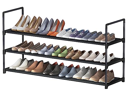 HITHIM 3 Tier Long Shoe Rack,Stackable Wide Shoe Shelf for Shoe Storage,Sturdy Shoe Stand,Non-Woven Fabric Shoe Organizer for Closet,Upgrade Shoe
