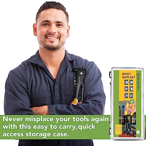 BLOSTM Pop Rivet Gun Kit - Full 200 Rivet Set with Pop Riveter & Carrying Case Containing 200 Rivets in 4 Sizes 2.4mm 3.2mm 4mm 4.8mm for Metal,