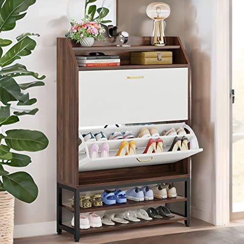 LITTLE TREE Tipping Bucket Slim Shoe Storage Cabinet with 2 Flip Drawers, Engineered Wood, Brown&White