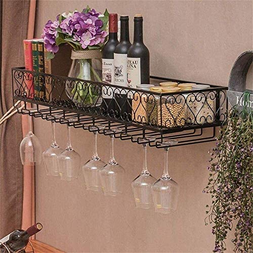 SUCHETA Hanging Wine Rack with Glass Holder and Shelf, Wine lovers Bar furniture& Wine Rack Wall Shelf Metal Iron Ceiling Rack Storage Wine Racks