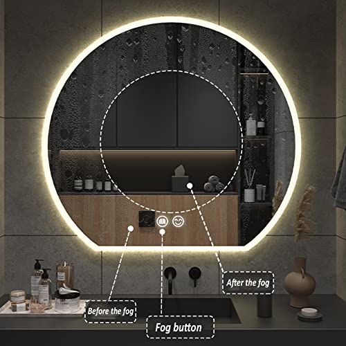 Led round vanity mirror with lights, Temperature Adjustable, 3 Colors,Bathroom Vanity Mirror,Smart Touch Switch,Anti-Fog Dimmable Lights, Easy to