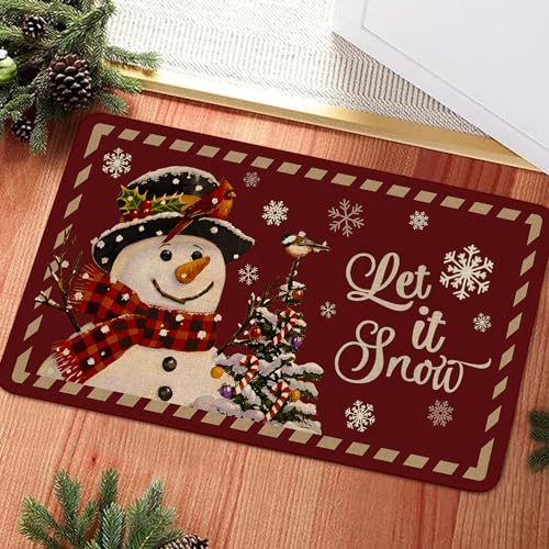 Red Christmas Welcome Doormat for Indoor/Outdoor Entrance Cute Snowman Let It Snow Decoration Door Mat Merry Xmas Kitchen Door Floor Mat Bedroom