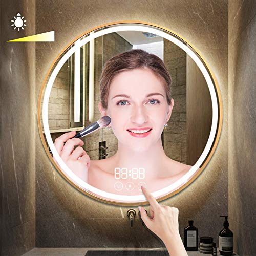 Round bathroom Illuminated mirror with Sensor Touch Control, 3-Colour Dimming Function, 600x600mm LED Backlit Makeup Mirror wall Mounted, IP44 Ra