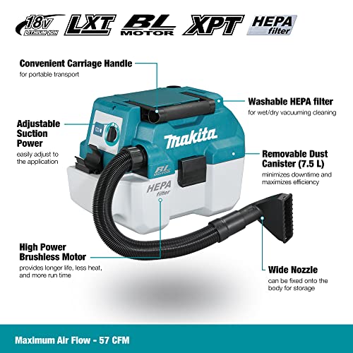 Makita DVC750LZ 18V Li-ion LXT Brushless L-Class Vacuum Cleaner - Batteries and Charger Not Included, Blue
