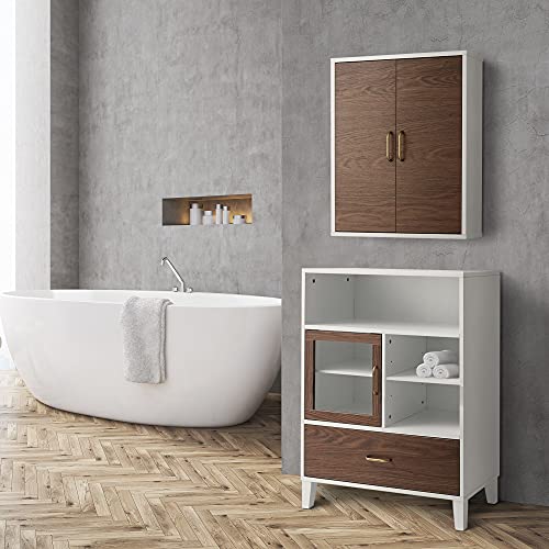 Teamson Home Wooden Bathroom Wall Cabinet, Wall Mounted Medicine Cabinet, Bathroom Storage, Walnut and White Colour, Two Doors and Adjustable She