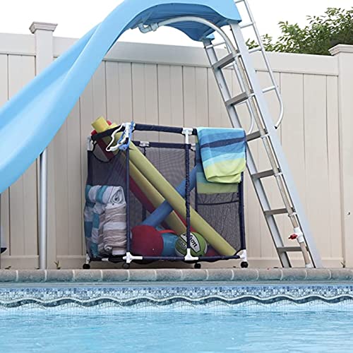 Pool Bins Outdoor Pool Floats, Balls, Toys and Equipment Rolling Mesh Organizer Storage Bin, Large (35" W x 25.4" L x 37.5" H), Blue/White