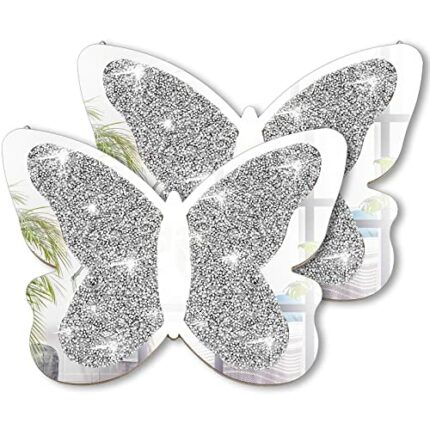 Vesici 2 Pieces Butterfly Shaped Mirror Crystal Crushed Diamond Silver Mirror Silver Wall Decor for Living Room Modern Decorative Mirror for Kids