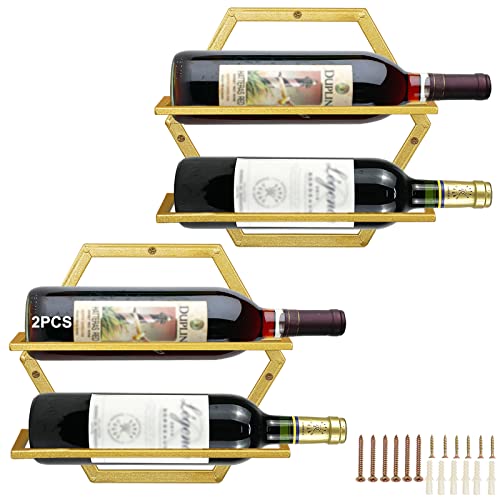 Giyiprpi 2Pcs Wall Mounted Wine Bottle Stemware Rack, Metal Hanging Wine Display Holder with 3 Stemware Glass Organizer, Red Wine Racks for Home