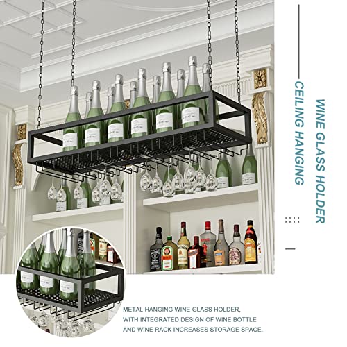 EYLINK Hanging Wine Rack with Glass Holder and Shelf Metal Ceiling Wine Bottle Holder Adjustable Height Ceiling Bar Wine Glass Rack Champagne Gob