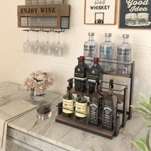 J JACKCUBE DESIGN 3 Tier Syrup Bottle Storage Rack, Rustic Wood and Metal Wire 12 Bottles Compartment Display Organizer Holder Stand for Syrup, W