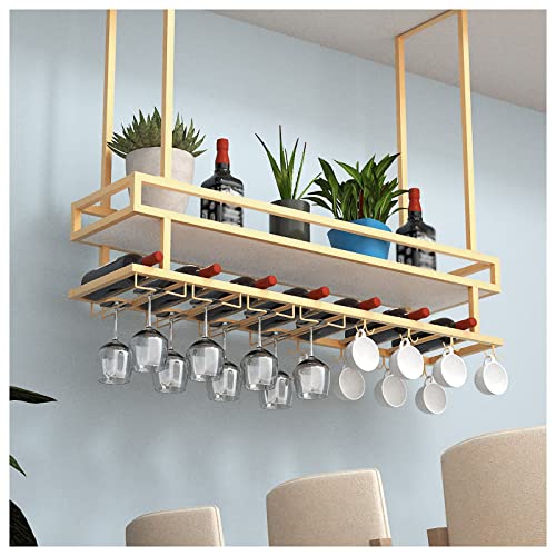 EYLINK Wine Storage Racks, Industrial Hanging Wine Rack with Glass Holder and Guard Rail, Ceiling Mount Floating Shelf 2 Tier, for Kitchen/Restau