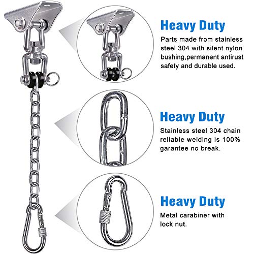 SELEWARE Permanent Antirust Stainless Steel 304 Heavy Duty Swing Hangers with Chain and Carabiner, 360° Rotate, 2 Screw for Wooden Hammock Chair