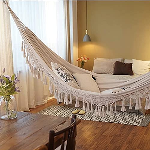 Hammock with Elegant Tassels and Fishtail Knitting 2 Person Garden Cotton Hammock Machine Washable Portable with Carry Bag Hanging Strap,Load 300