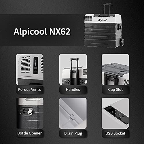 Alpicool NX62 Car Refrigerator 62L Portable Car Fridge Freezer Vehicle Camping Fridge Freezer DC 12/24v Campervan Boat Electric Cooler for Travel