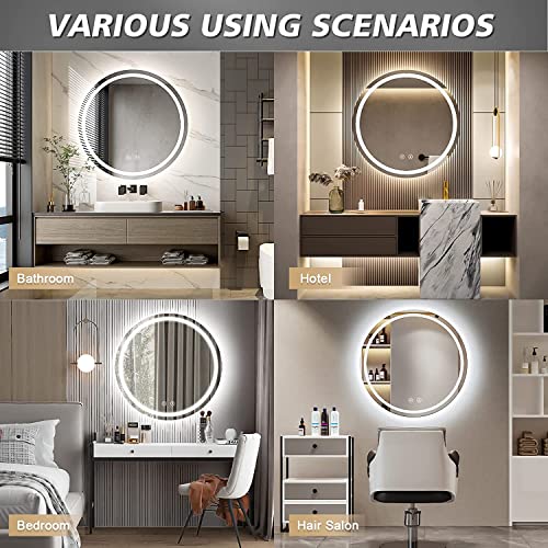 Dripex 600mm Round Bathroom Mirror with LED Light, Illuminated Wall Mounted Vanity Mirror with Demister, Anti-fog Large Circle Makeup Mirror, 3-C