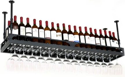 Qunine Wine Racks Adjustable Height, Ceiling Mounted Hanging Wine Bottle Holder Metal Iron Wine Glass Rack Goblet Stemware Racks BLACK, Size : 60
